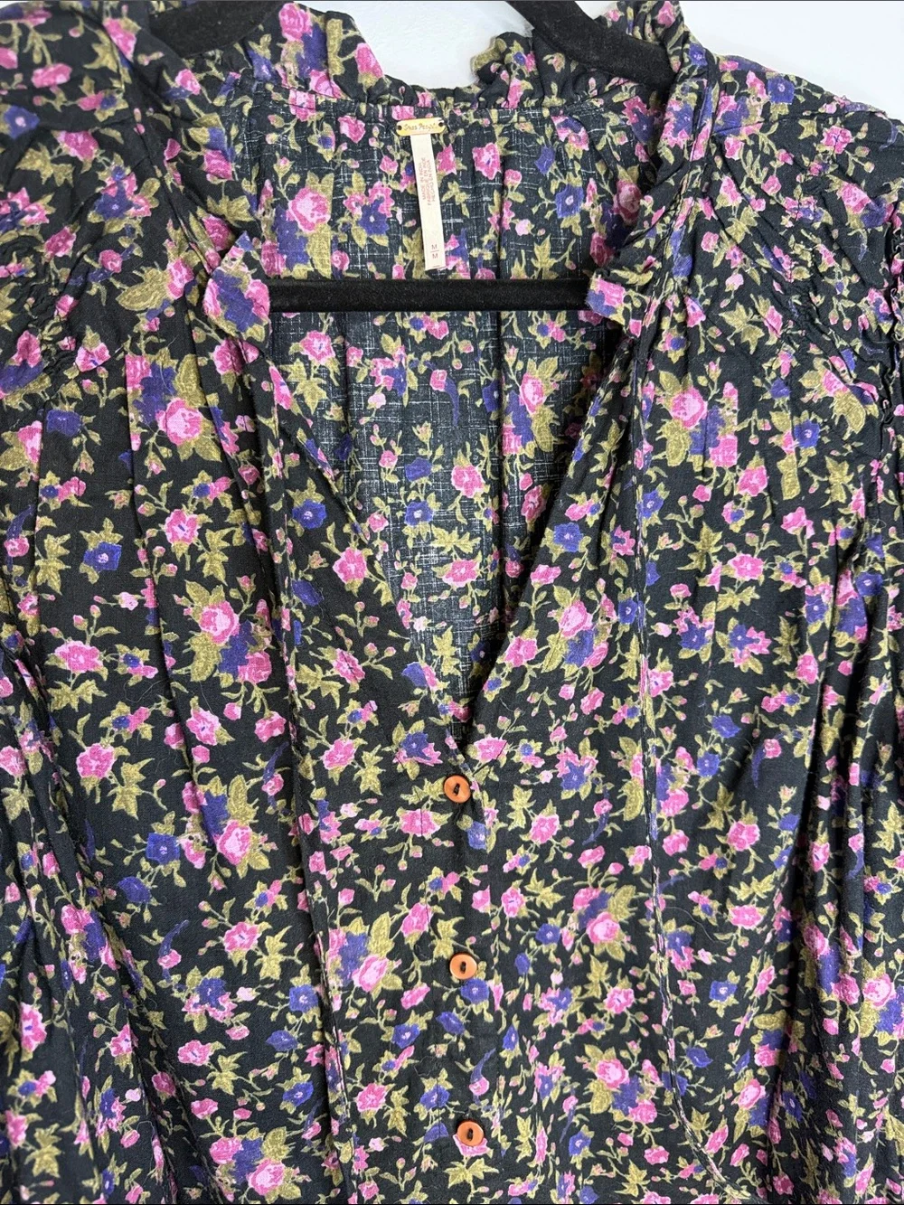 Free People Floral Ruffle Neck Long-Sleeve Blouse - Black with Purple Floral